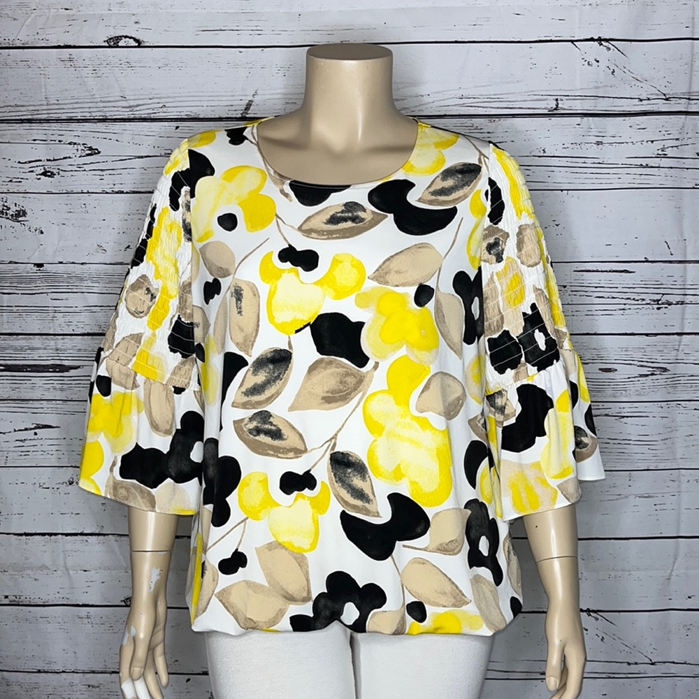 Alfani 2X Yellow Watercolor Floral Print Smock Bell Sleeve Bubble Hem Blouse Top